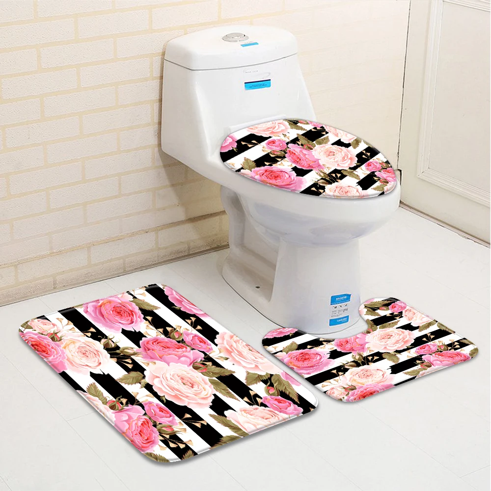 

3 шт./компл. цветы Ванная комната коврик черный, белый цвет в полоску с рисунком розового цветка и зеленых листьев для ванной комнаты Туалет п...