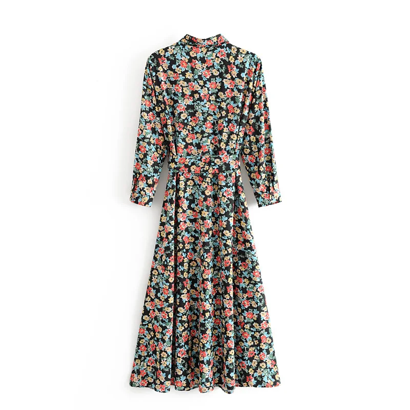 Модное винтажное женское платье с цветочным принтом и длинным рукавом из
