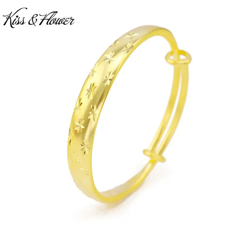 

KISS&FLOWER BR69 Fine Jewelry Wholesale Fashion Woman Birthday Wedding Gift Carved Round 24KT Gold Resizable Bracelet Bangle