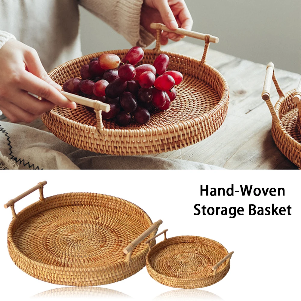

Hand-Woven Rattan Storage Basket Bread Fruit Snack Storage Rattan Tray Kitchen Organizer Tools 22cm/28cm Wicker Basket