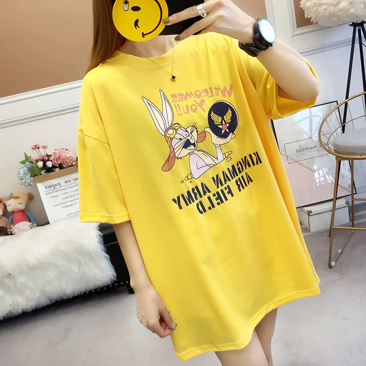 Женская свободная футболка средней длины с коротким рукавом и мультяшным