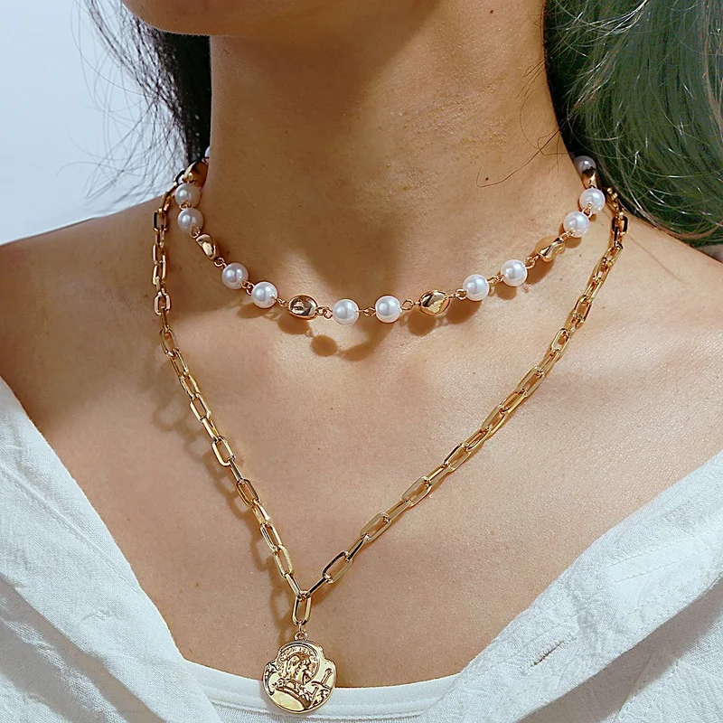 

Fashion Coin Portrait Pendant Pearl Chain Choker Necklace for Women Gothic Multi-layer Collar Necklaces Trend Jewelry Charm