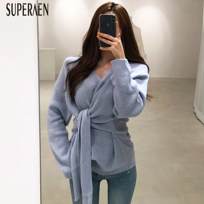 SuperAen, корейский стиль, женские свитера, новинка, осенняя мода, темперамент, v-образный вырез, тонкие женские свитера с длинным рукавом, вязаные топы