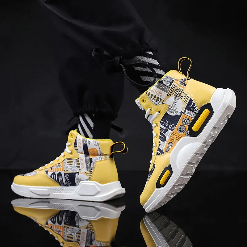 High Top Sneakers Mens Shoes Zapatos De Hombres PU Leather Stylish Graffiti Men Casual Shoe | Обувь