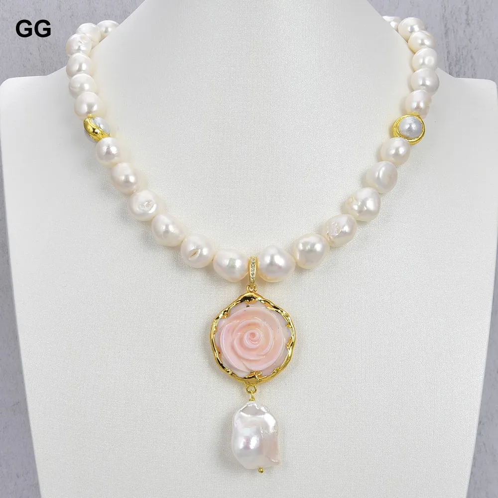 

GG Jewelry Natural Cultured White keshi Baroque Pearl Necklace gold plated Pink Queen Conch Flower Keshi Pearl Pendant Necklace