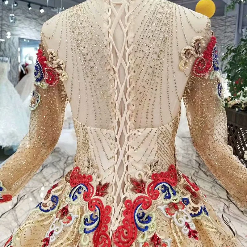 Блестящие вечерние платья LS657445 из Дубая с блестками длинными рукавами и круглым