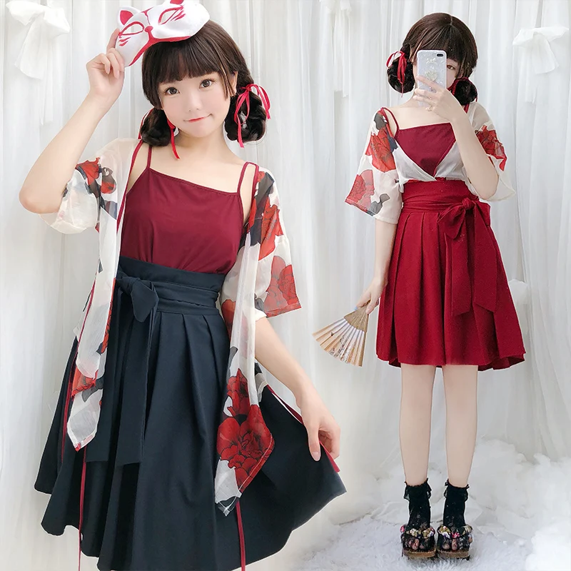 

Chinese style han element retro sweet lolita set cute printing cardigan+camisole+long/short skirt kawaii girl gothic lolita set