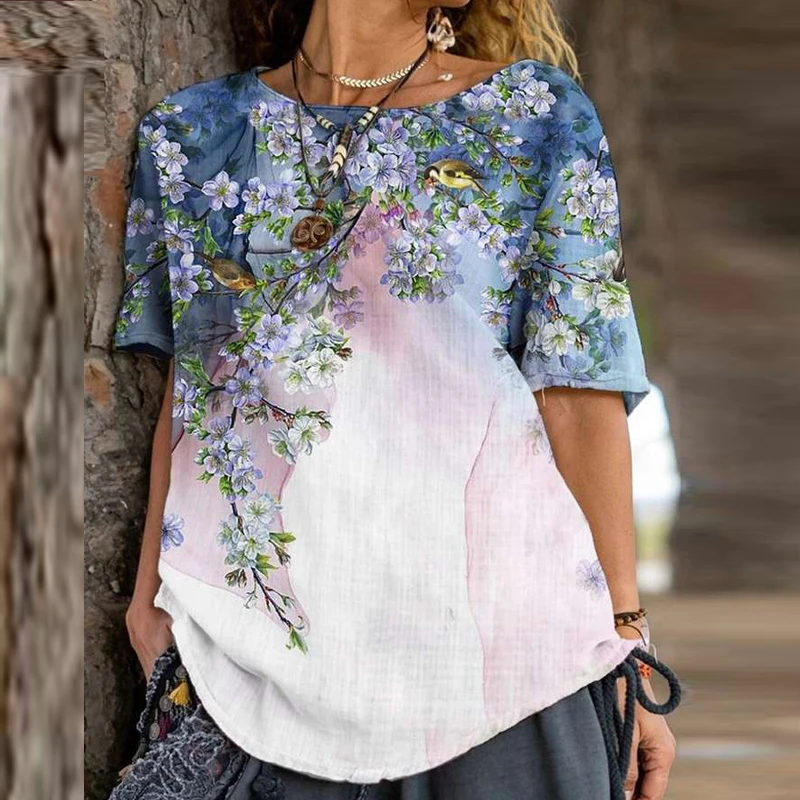 

3XL Retro Abstract Flower Print Blouse Shirts Women Spring O Neck Irregular Tops Pullover Summer Short Sleeve Loose Streetwear
