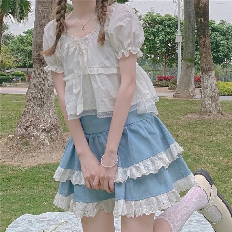 

Summer Kawaii Lolita Blouse Women Solid Japanese Style Elegant Sweet Blouse Casual Puff Sleeve Designer Top for Women 2021 New