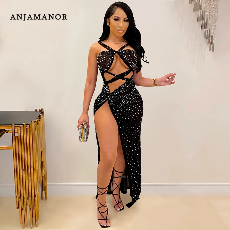 

ANJAMANOR Glitter Rhinestone Mesh Birthday Dress for Women See Through Cutout High Split Maxi Dresses Party Club Outfits D42FF26