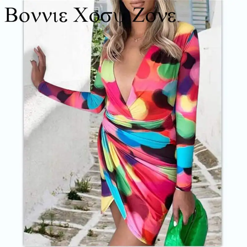 

Abstract Print Deep V Neck Wrap Ruched Mini Dress Chic Long Sleeve Summer Dresses For Women 2021