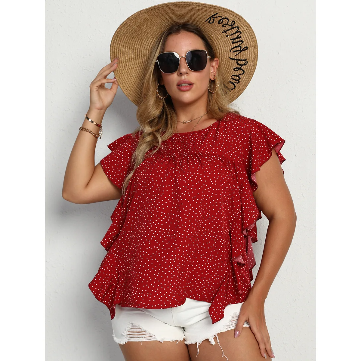 

Женская блузка в горошек, с коротким рукавом и оборками