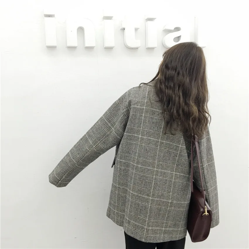 

Spring Korean Vintage Plaid Blazers Women Fashion Art Style Loose Notched Two Buttons Blazer Female All Match Casual Clothing