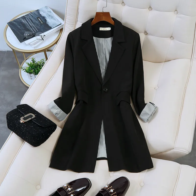 2022 High Quality Casual Women's Long Jacket Suit Black Autumn and Winter Fashion  Women's Temperament Ladies Blazer