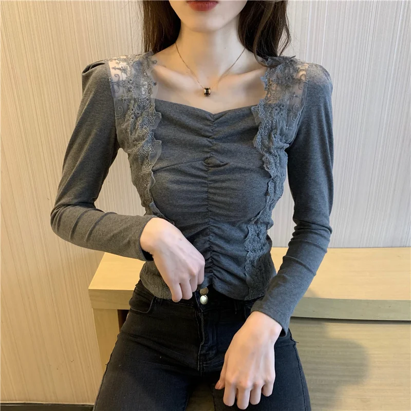 

Price Collarbone Scheming Design Sexy Lace Stitching Temperament Square Collar Women's Long Sleeve Inner Wear Blouse
