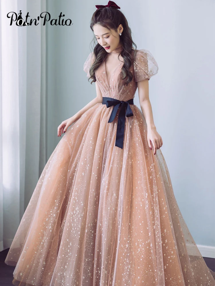 

Princess Ball Gowns Star Glitter Tulle Evening Dresses Long 2021 Floor-Length Backless Women Formal Gowns For Prom