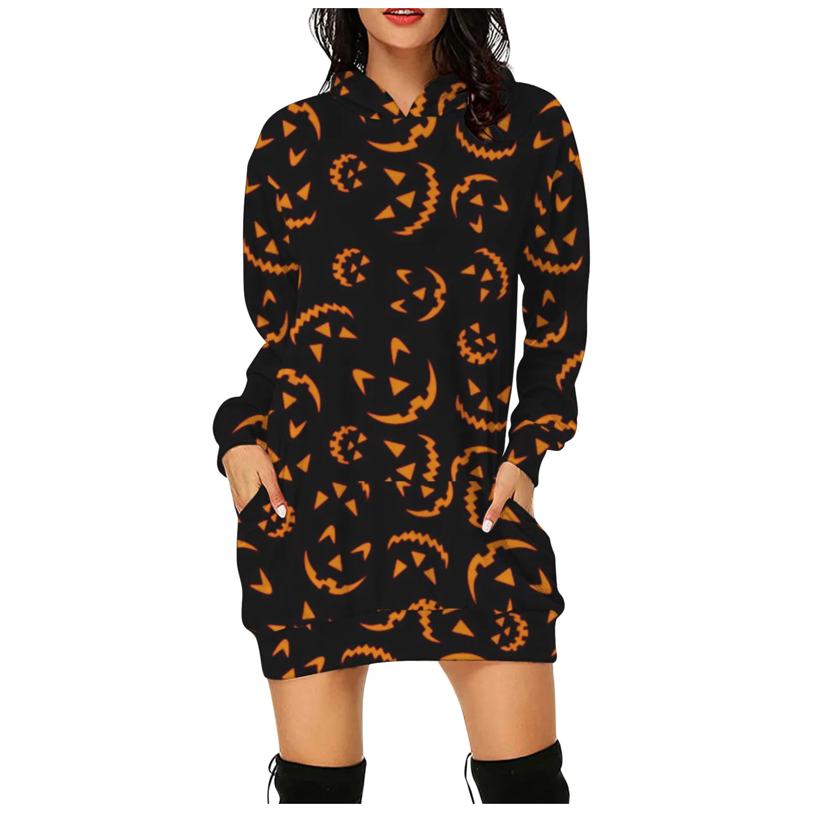 

OIMG Women Fashion Halloween Hoodie Bag Hip Pocket Print Hoodie Fashion Dress Retro Long Sleeve Pullover Gothic Clothes