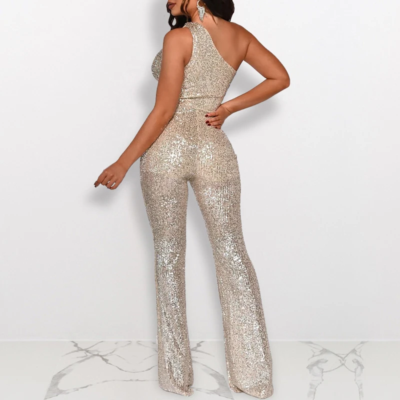 

Champagne Sequined Wide Legs Jumpsuit Women Clubwear Bodysuit Overalls Macacao Feminino