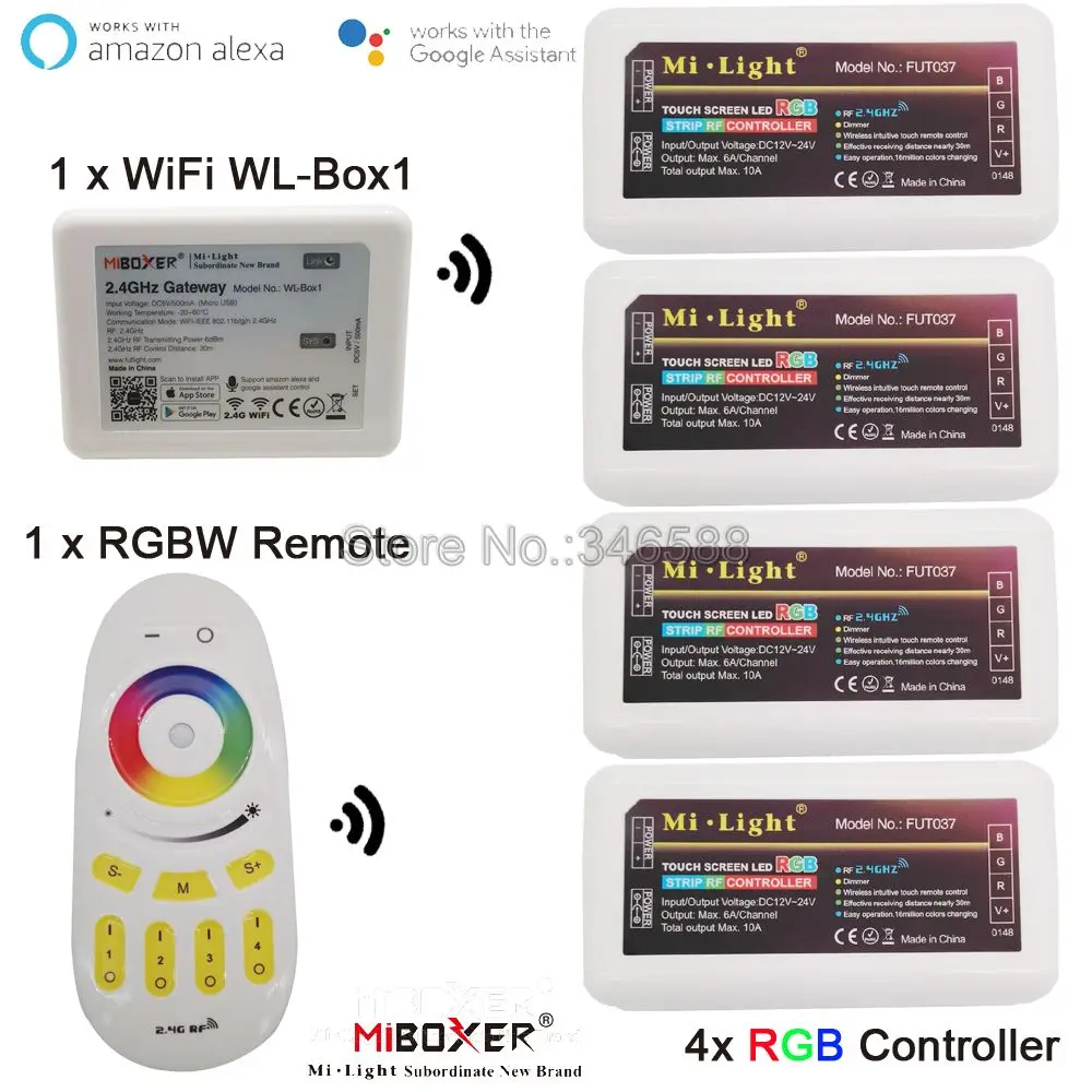 Milight DC12V 24V 10A RGB светодиодный Управление; 2,4G Беспроводной 4-Зона дистанционного управления Управление Смартфон APP Wi-Fi/Alexa Google Voice Управление