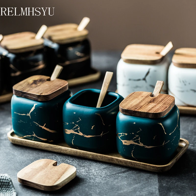 

RELMHSYU Nordic Style Matte Marbled Ceramic Jar Oil And Salt Box Household Kitchen Condiment Bottle Set