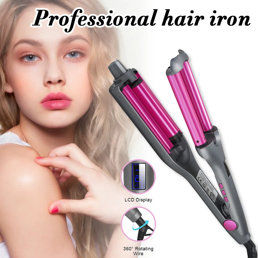 

3-barrel Curling Iron Wand Plug-in Hair Crimper Rotate 360° Lcd Screen Adjustable Middle Tube Temperature Settings Hair Waver