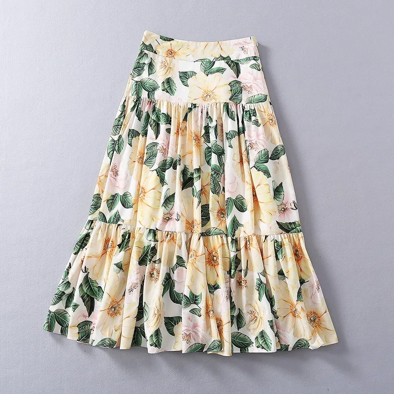 European and American women's clothing new 2021 spring  Floral print fashion  Pleated yellow skirt