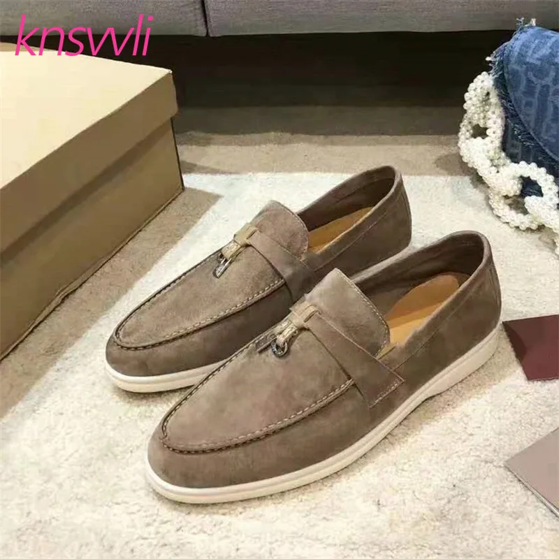 

Round Toe Suede Leather Loafers Women Metal Lock Decorate Driving Shoes Woman Brand Casual Slip On Mules Women Shoes Walk Shoes