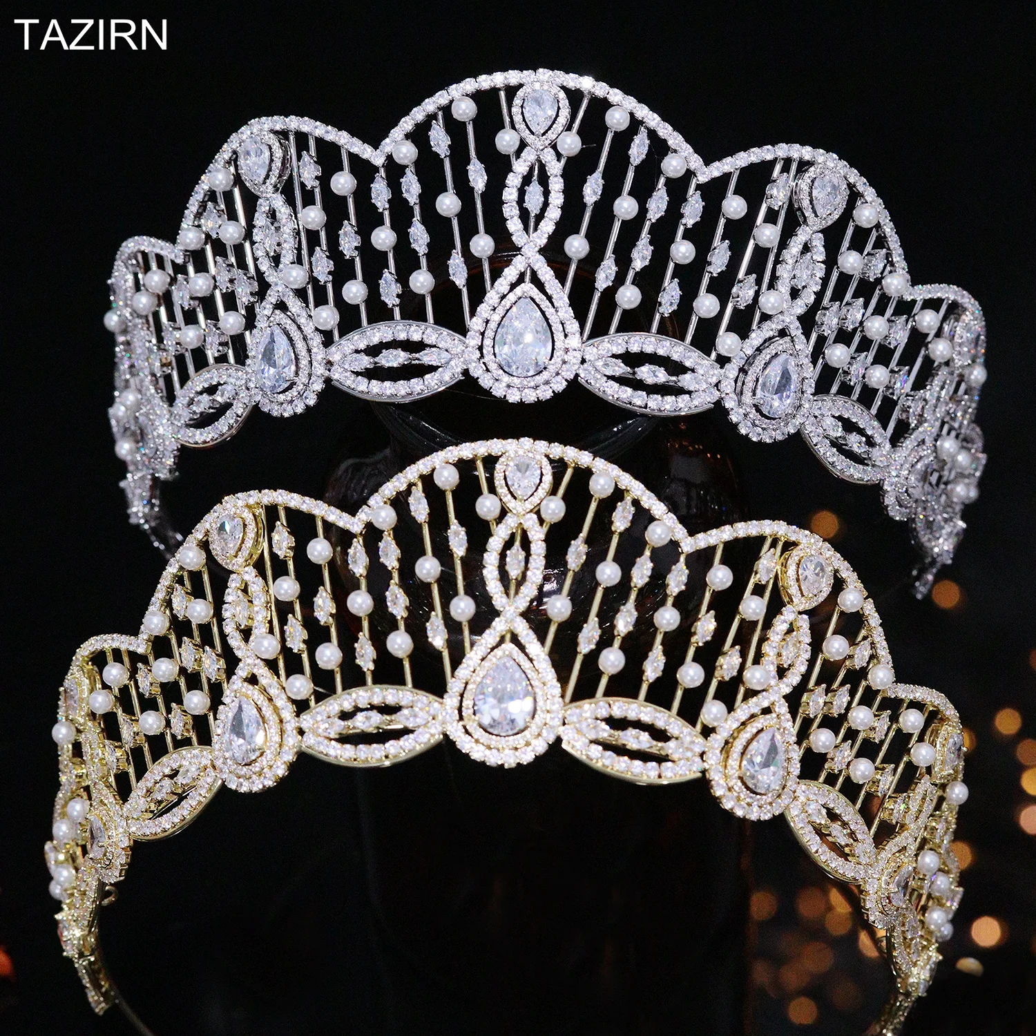 

New AAA Zirconia Pearls Tall Wedding Bridal Crowns Handmade Silver Gold CZ Big Princess Tiaras for Women Hair Accessories Gifts