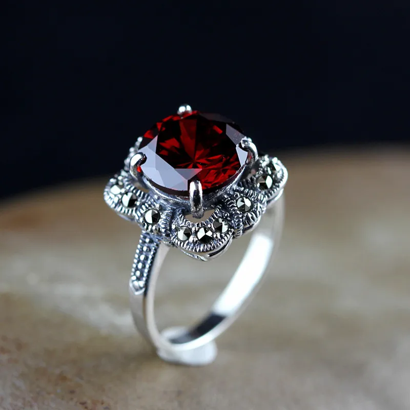 Подлинное Твердое Серебро 925 пробы винтажные Ретро Кольца для женщин гранат