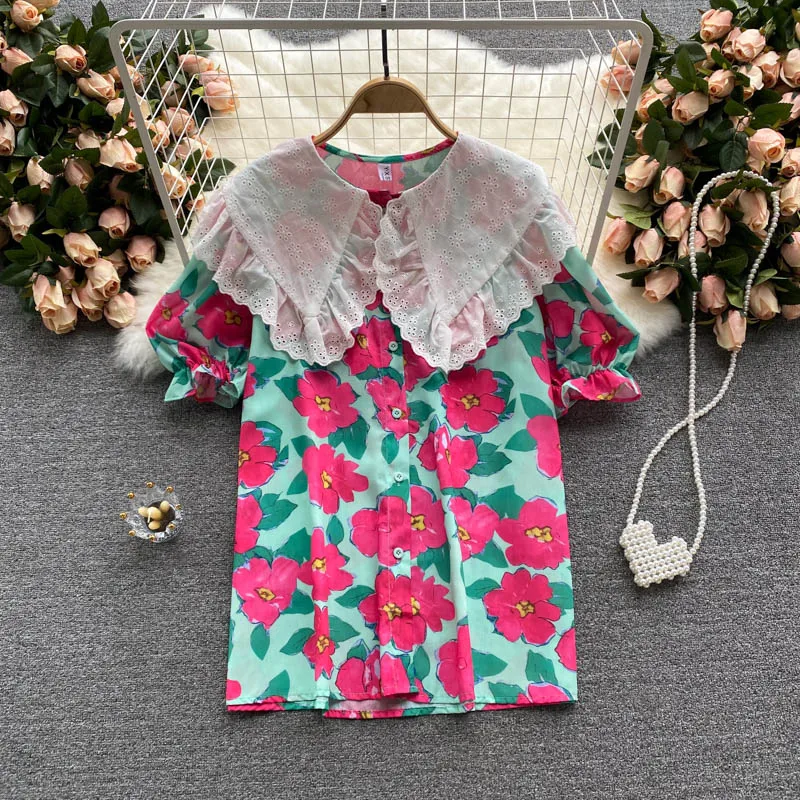 

Summer New Fashion Temperament Blouse Female Sweet Doll Collar Puff Sleeve Hit Color Stitching Blusa Printed Shirt GL486