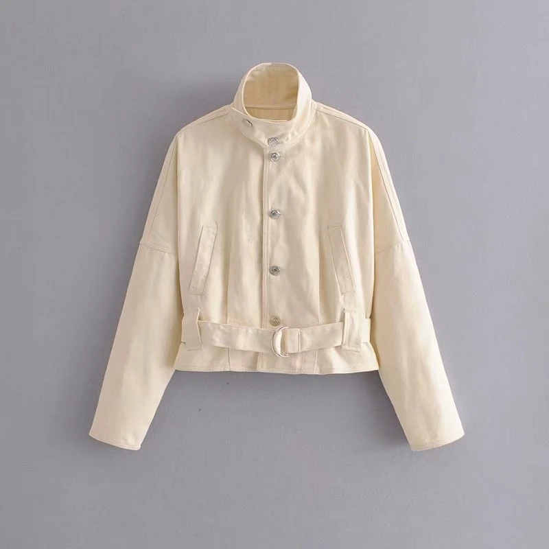 Beige Tangada, Женские однотонные джинсовые куртки с поясом, пуговицами, карманами, длинным рукавом, короткая стильная куртка, женские топы бойфренда 6P18 - Color: Beige