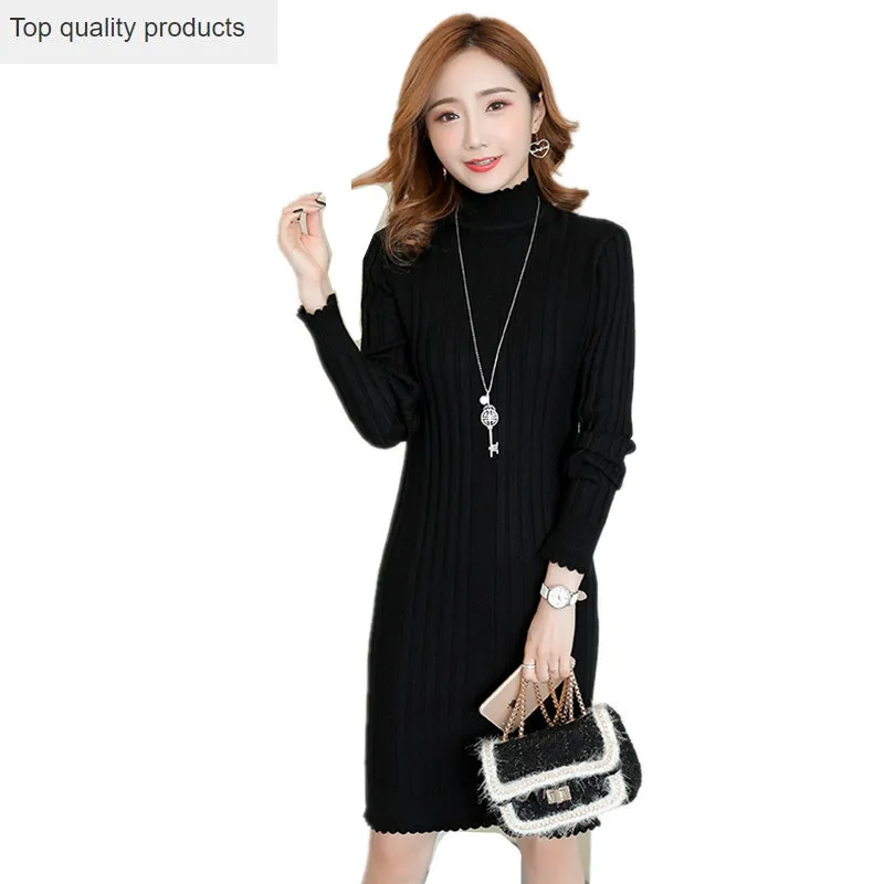 

2020 Elegant Knitted Dress Women Midi Autumn Winter Dress Female Long Sleeve Sweater Dress Black Dress YQ345