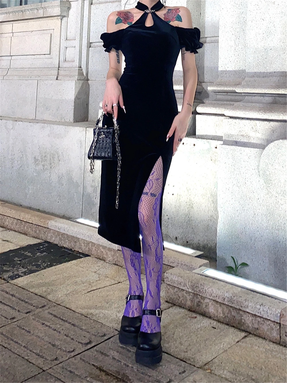 

Neck Mounted Sexy style dress Punk design sense summer improved cheongsam long Dress waist split