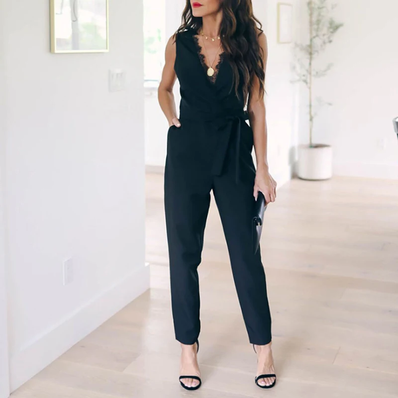 

Summer Sexy Women Jumpsuit Lace Patchwork Deep V Neck Lace Up Fashion Pockets Sleeveless V Est Full Length Regular