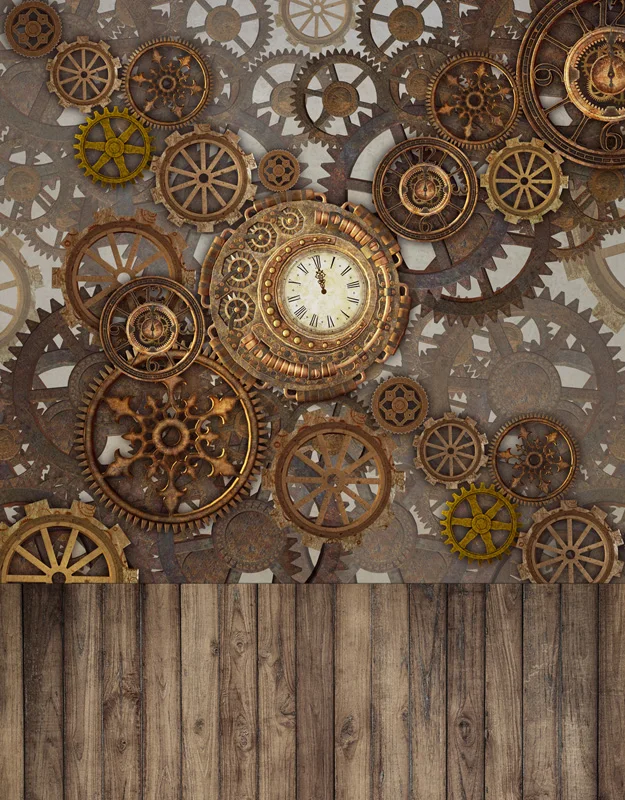 5x7FT Steam Punk Gear Gauge Clock Wall Wooden Floor Custom Photo Backdrops Studio Backgrounds Vinyl 150cm x 220cm | Электроника