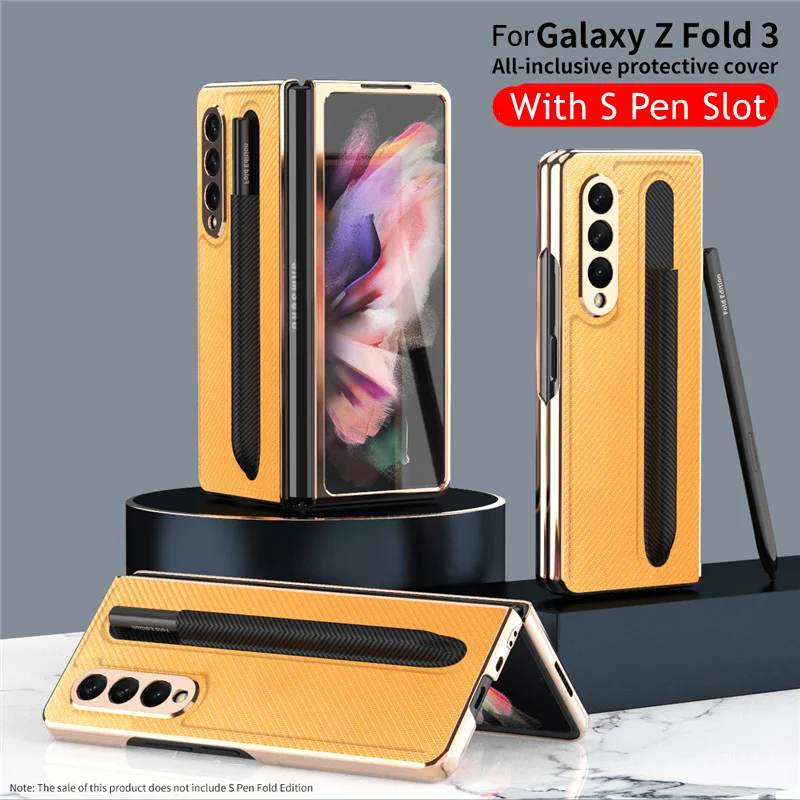 plating frame leather pen holder slot case for samsung galaxy z fold 3 5g phone cover 360 full protection front glass film case free global shipping