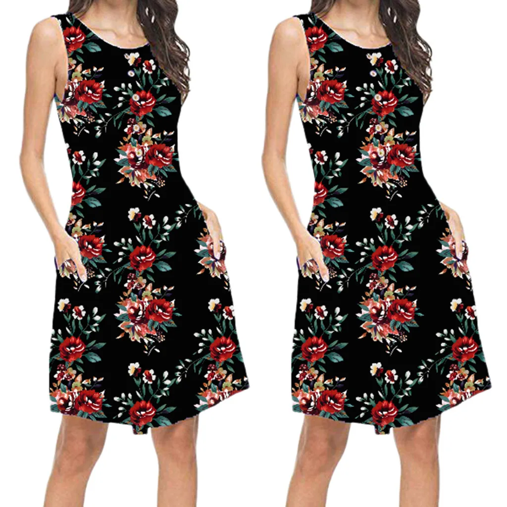 

Women Summer Pocket Off Shoulder Flower Printing Loose Dress Women Bohemian Short Sleeve Straight O-Neck Casual Dress