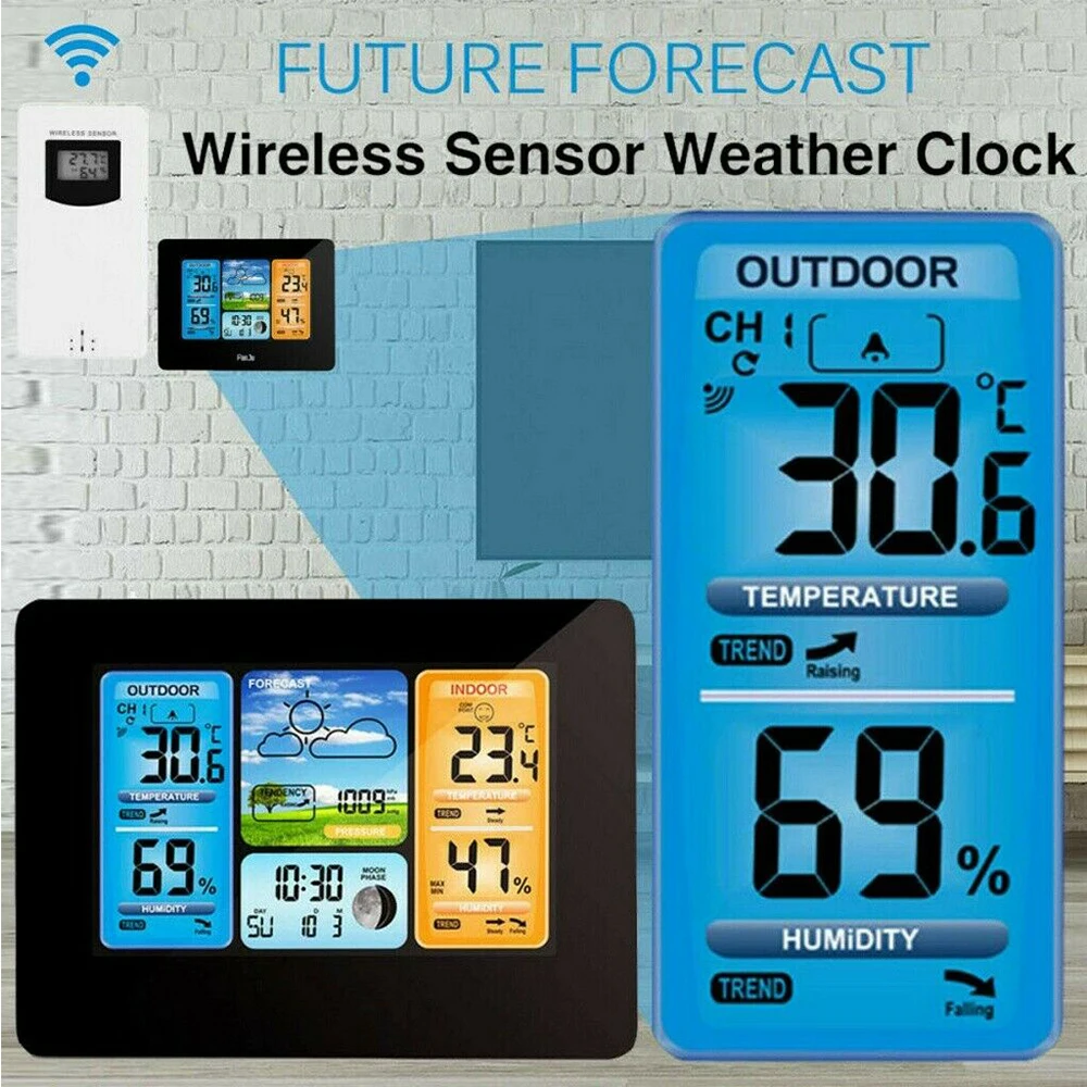 Беспроводная метеостанция цифровой термометр гигрометр внутренний наружный прогноз датчик календарь настенные настольные будильник домашний декор.