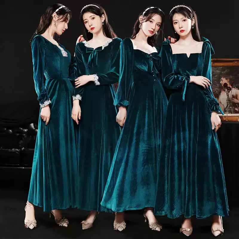 

Bridesmaids Dresses Vintage Full V-Neck Embroidery Crystal Bow Jersey A-Line Luxury Blue Elegant Women Wedding Party Gown E533