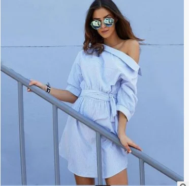 Платье рубашка в полоску с диагональным плечом и поясом 0050|Женские платья| |