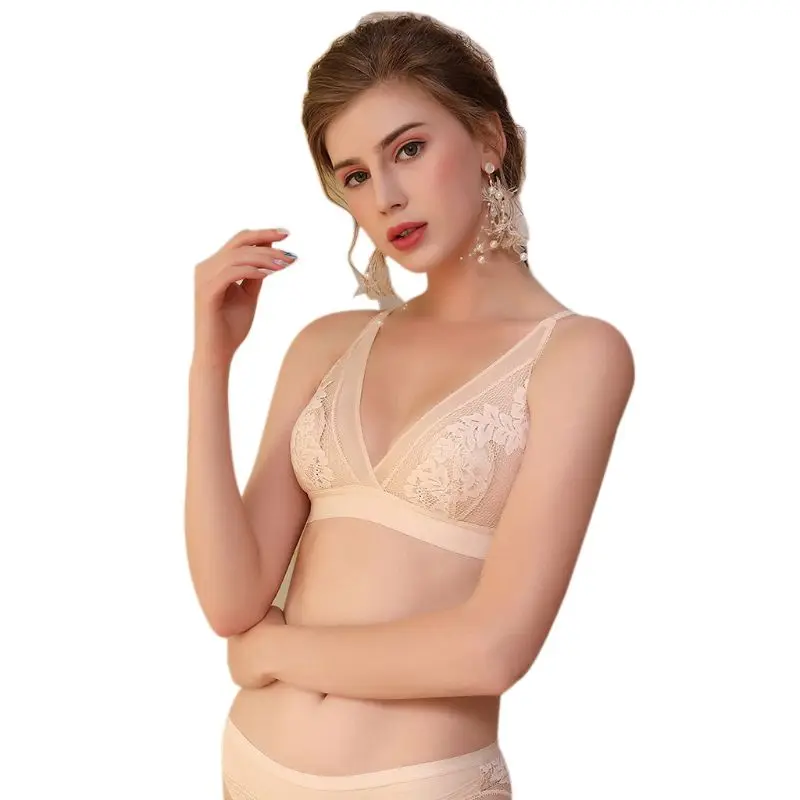 Women Sexy Deep V Triangle Bra Crochet Floral Lace Lightly Padded Thin Bralette X3UE