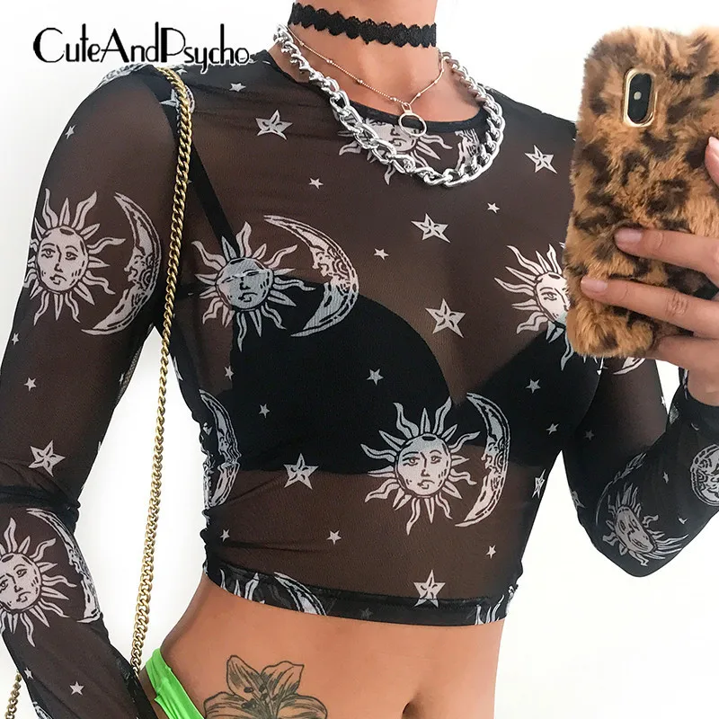 Сетчатая женская футболка топ прозрачный кроп-топ с длинным рукавом сексуальная