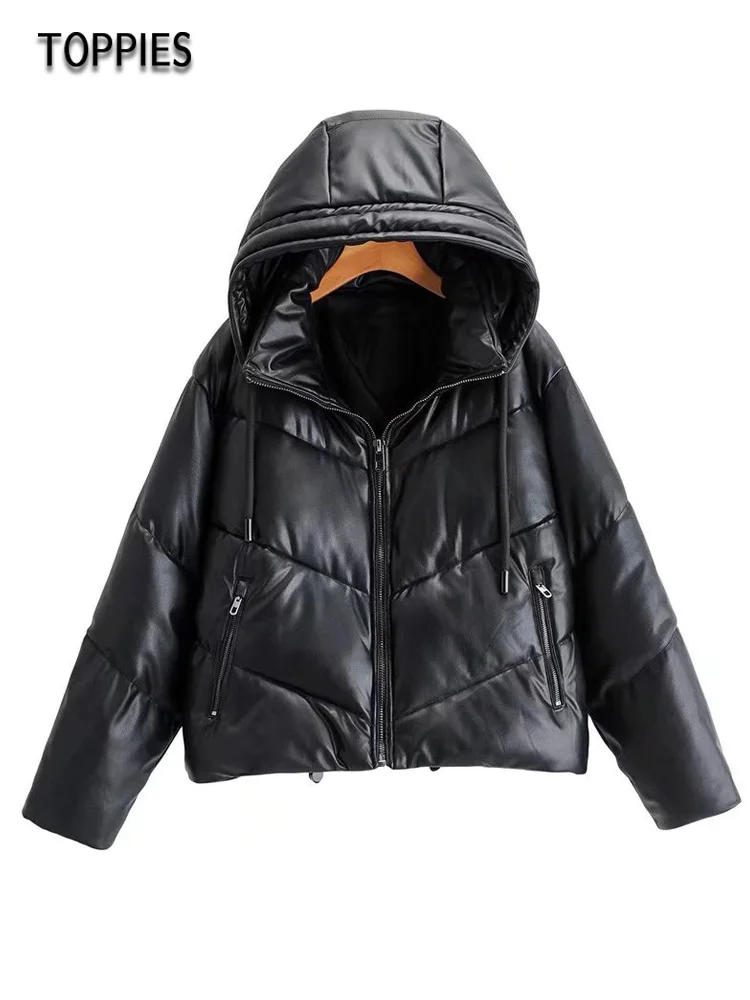 

Куртка женская зимняя из искусственной кожи с капюшоном и хлопковой подкладкой