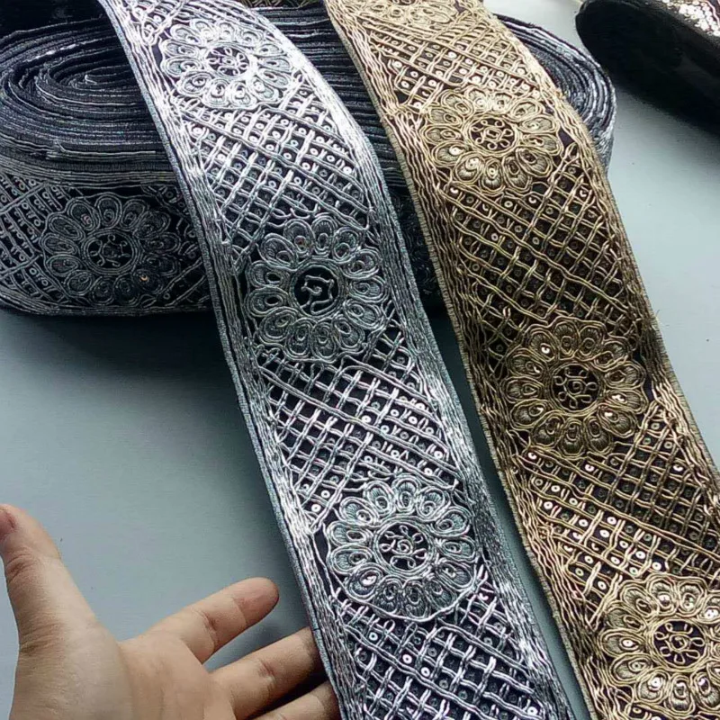 1 Yards Silver Gold 8cm Ethnic Thread Sequins Webbing Ribbon Tape Shoes Dress Embroidered Lace Trims DIY Sewing Accessorie | Дом и сад