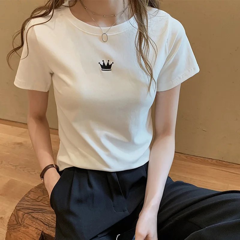 

2021 Summer New Slim Embroidered Round Neck Harajuku Graphic Short Sleeve T-Shirt Ladies Base Top Five Colour Design For Girl