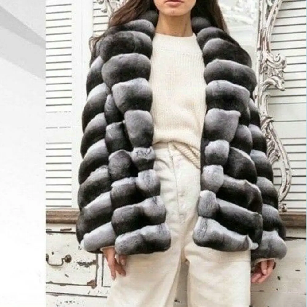 Fashion Women Real Rex Rabbit Fur Jacket Medium Length Thick Warm Fur Overcoats Woman Casual Genuine Rex Rabbit Fur Coat Outwear enlarge