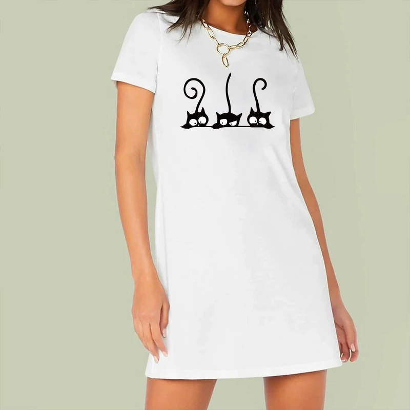 

2020 Women Tshirt Dress Cartoon Cat Print Summer Short Sleeve Loose Casual Harajuku Party Club Mini Dresses Female Vestidos Robe