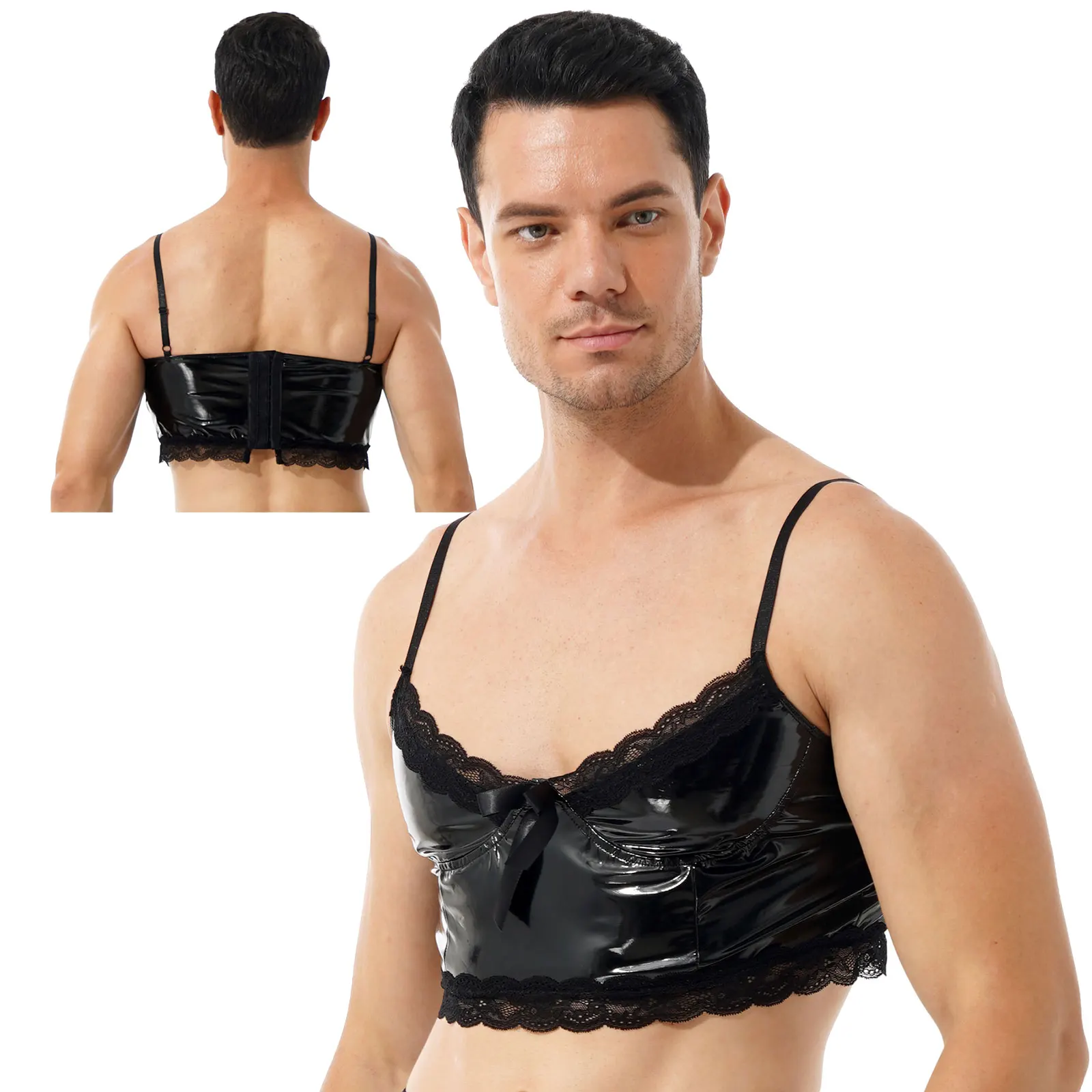 

Кроп-топ мужской из лакированной кожи, Готическая майка в стиле панк, кружевная отделка, бант, жилет без рукавов, топ для рок-концерта, клуба