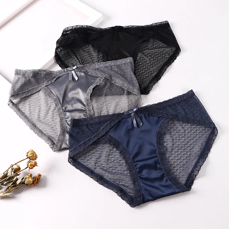 

Ropa interior Sexy de alta calidad para mujer, bragas de seda satinada sin costuras, calzoncillos femeninos de encaje solido