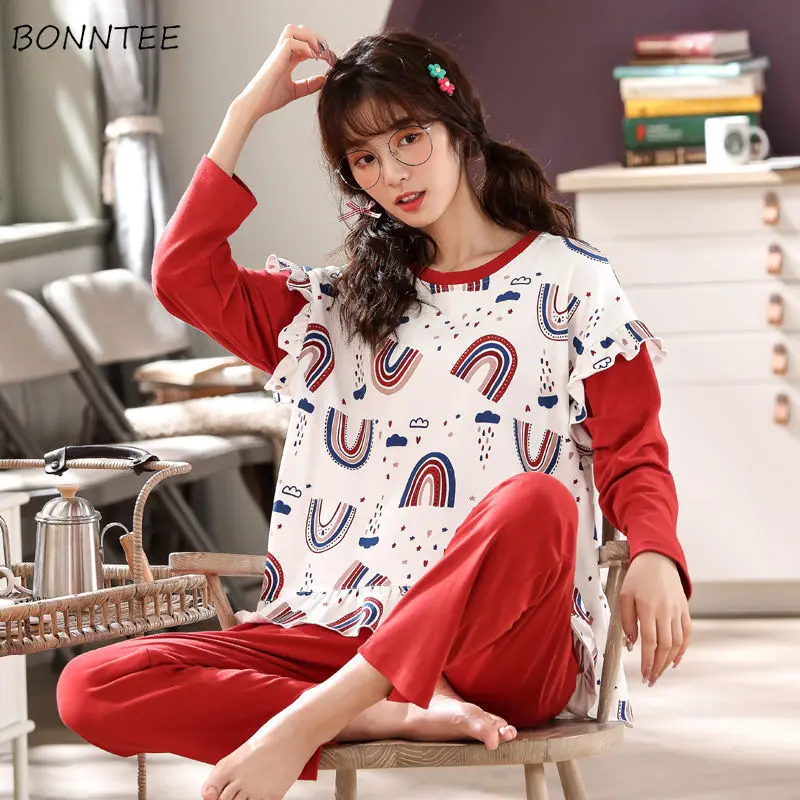

Pajama Sets Women Fashion Korean Sleep Wear Pajamas Lovely Long Sleeve Autumn Basic Femme Nightwear Oversize Soft Daily Trendy